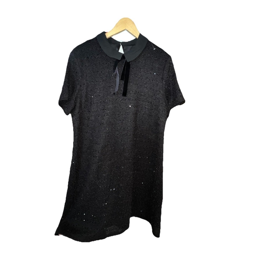Elle NWT Black‎ Sequin Boucle Mini Dress XXL Peter Pan Collar Velvet Bow Holiday